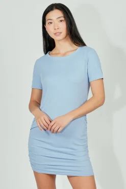 Costa Blanca Ribbed Short Sleeve Ruched Side Day Dress - Blue