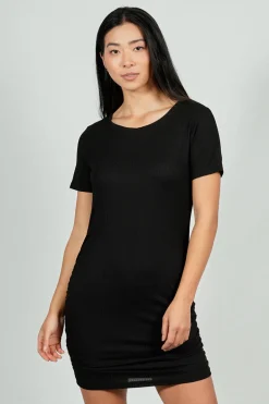 Costa Blanca Ribbed Short Sleeve Ruched Side Day Dress - Black