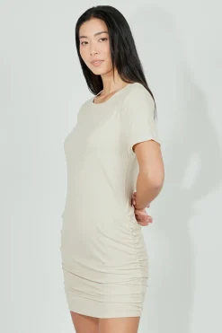 Costa Blanca Ribbed Short Sleeve Ruched Side Day Dress - Cream