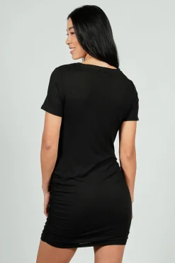Costa Blanca Ribbed Short Sleeve Ruched Side Day Dress - Black