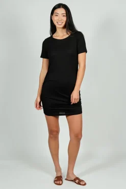 Costa Blanca Ribbed Short Sleeve Ruched Side Day Dress - Black