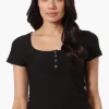Costa Blanca Ribbed Square Neck Henley Tee - Black