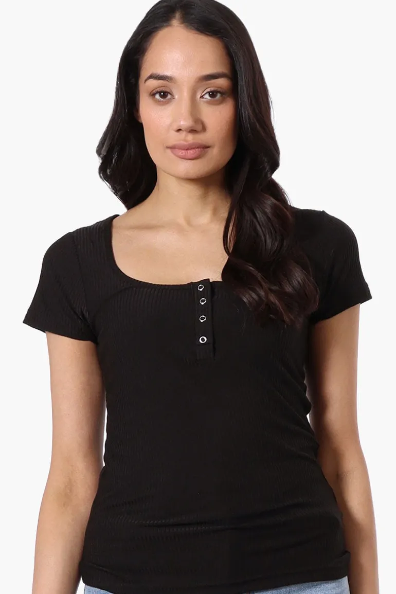 Costa Blanca Ribbed Square Neck Henley Tee - Black
