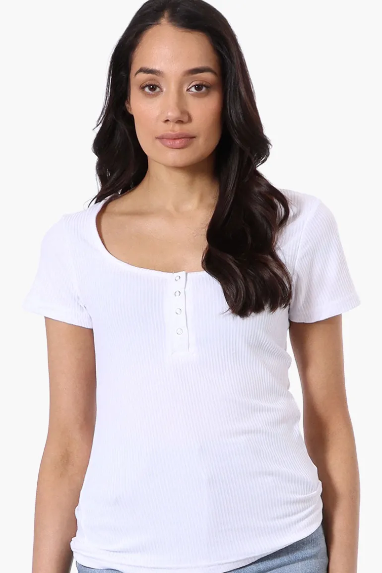 Costa Blanca Ribbed Square Neck Henley Tee - White