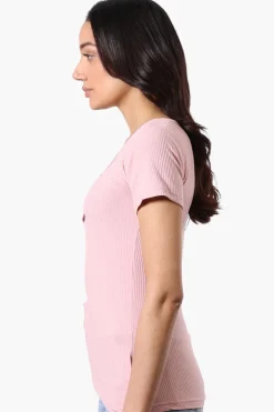 Costa Blanca Ribbed Square Neck Henley Tee - Pink