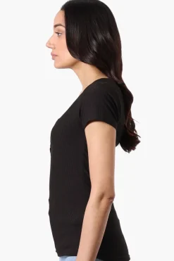 Costa Blanca Ribbed Square Neck Henley Tee - Black