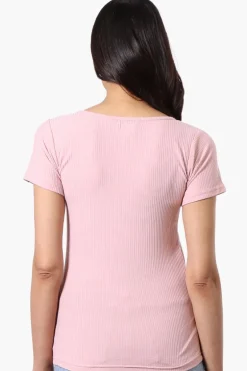 Costa Blanca Ribbed Square Neck Henley Tee - Pink