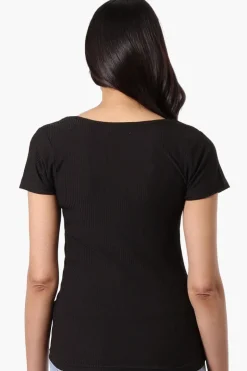 Costa Blanca Ribbed Square Neck Henley Tee - Black