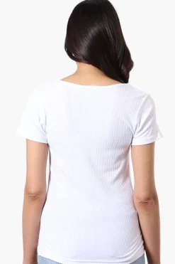 Costa Blanca Ribbed Square Neck Henley Tee - White