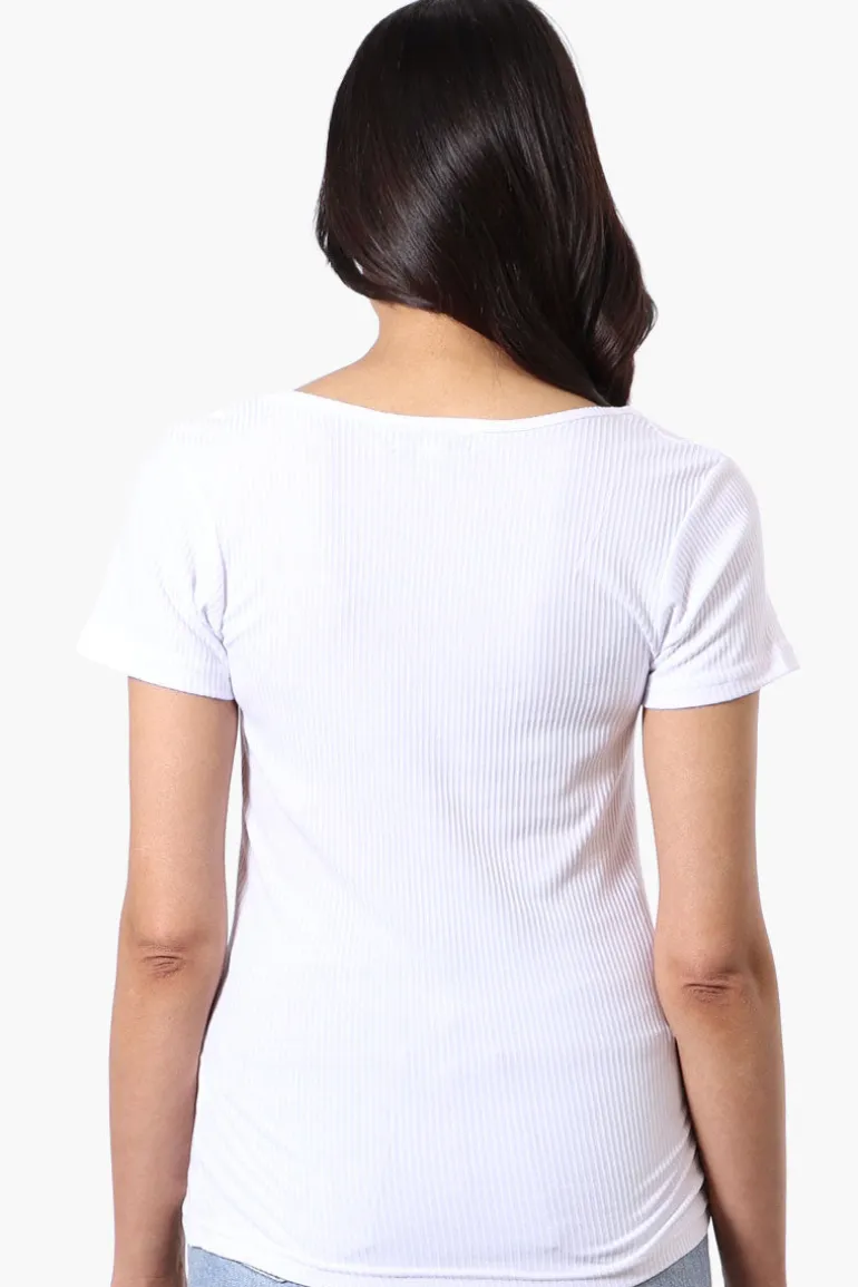 Costa Blanca Ribbed Square Neck Henley Tee - White