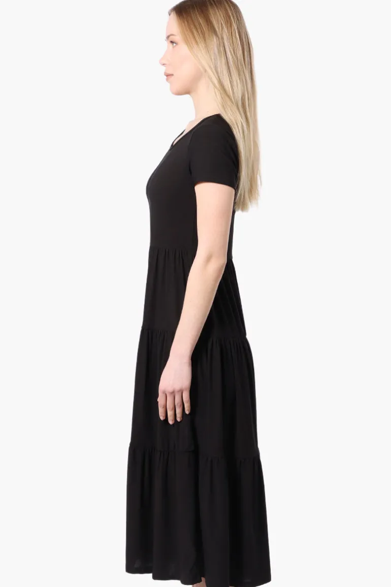 Costa Blanca Short Sleeve Tiered Maxi Dress - Black
