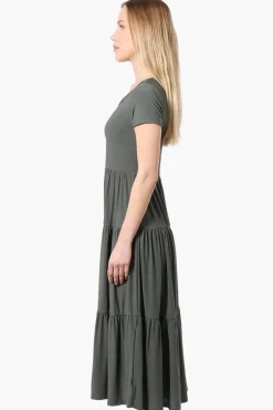 Costa Blanca Short Sleeve Tiered Maxi Dress - Olive