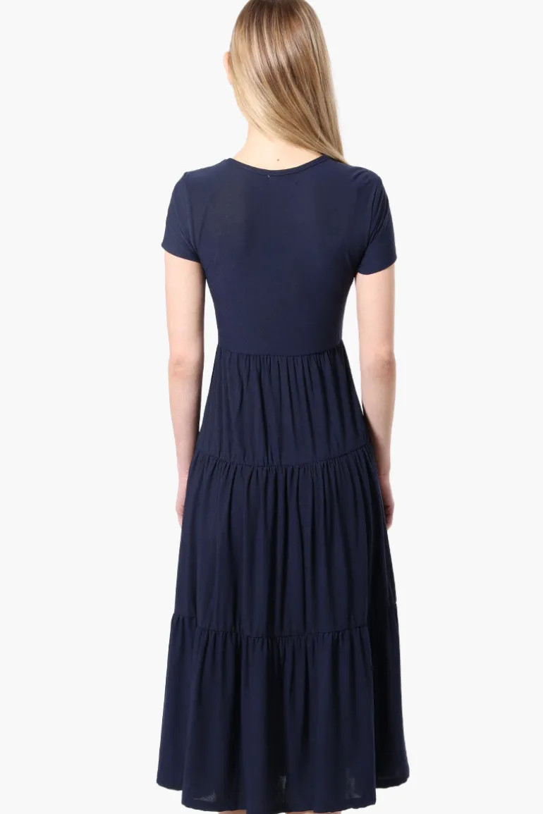 Costa Blanca Short Sleeve Tiered Maxi Dress - Navy