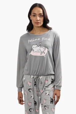 Cuddly Canuckies Feline Fine Print Pajama Top - Grey
