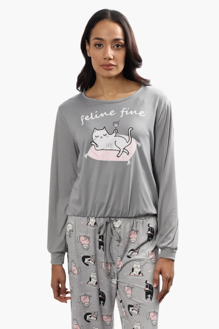 Cuddly Canuckies Feline Fine Print Pajama Top - Grey