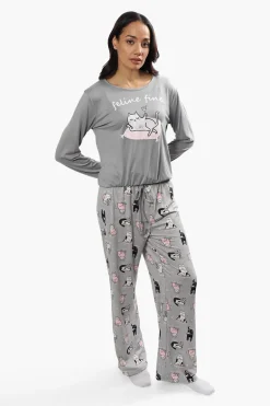 Cuddly Canuckies Feline Fine Print Pajama Top - Grey