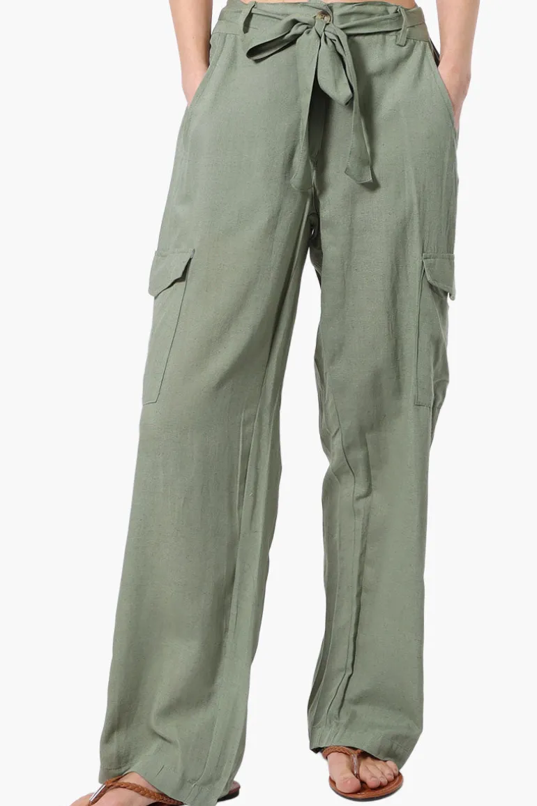 Helium Belted Linen Cargo Pants - Olive