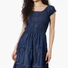 Impress Cap Sleeve Smocked Denim Day Dress - Navy