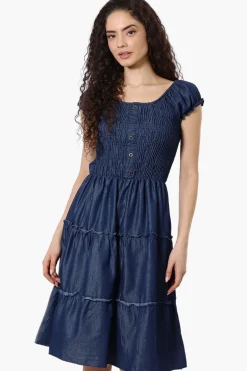Impress Cap Sleeve Smocked Denim Day Dress - Navy