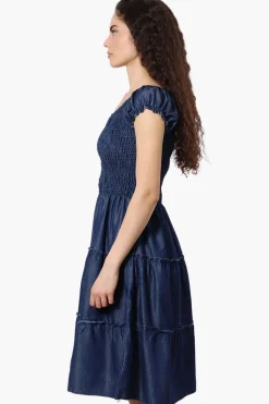Impress Cap Sleeve Smocked Denim Day Dress - Navy