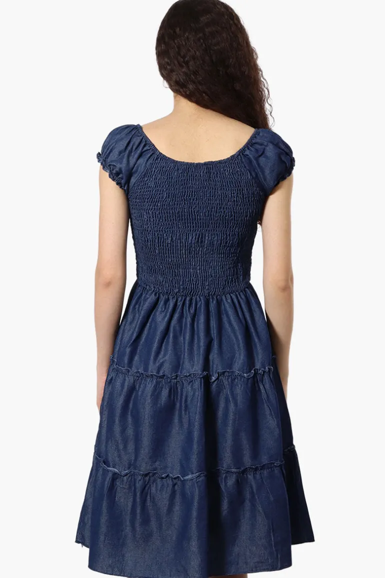 Impress Cap Sleeve Smocked Denim Day Dress - Navy