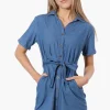 Impress Denim Button Down Short Sleeve Day Dress - Blue