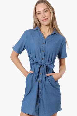 Impress Denim Button Down Short Sleeve Day Dress - Blue