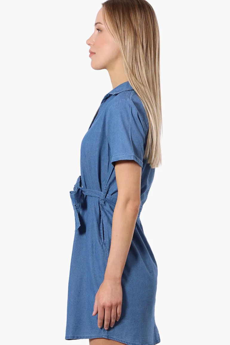 Impress Denim Button Down Short Sleeve Day Dress - Blue