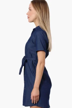 Impress Denim Button Down Short Sleeve Day Dress - Navy