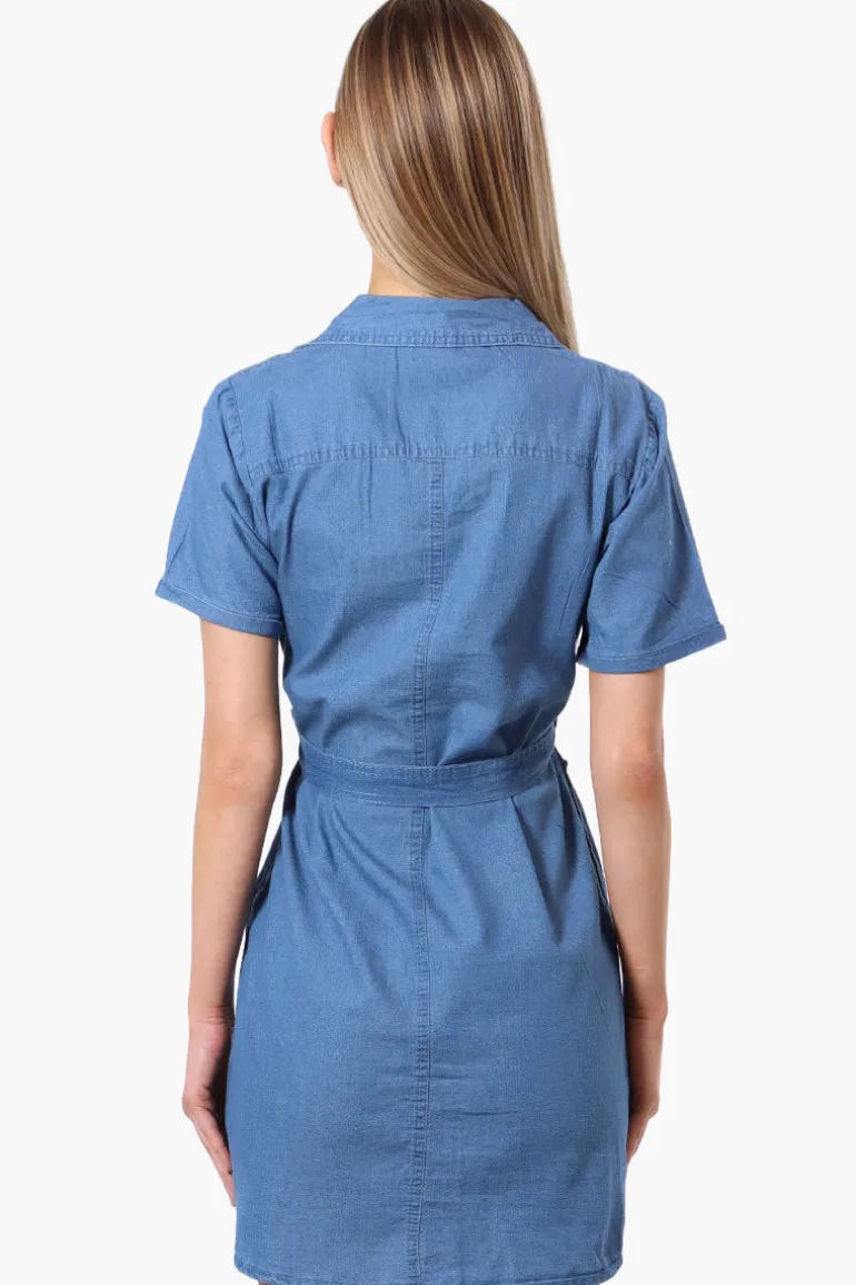 Impress Denim Button Down Short Sleeve Day Dress - Blue