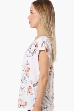 Impress Floral Cap Sleeve Circle Neck Tee - White