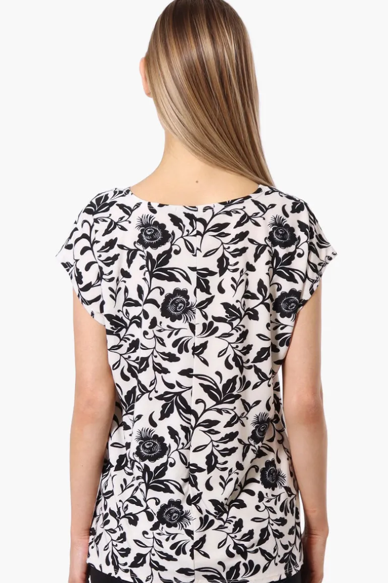 Impress Floral Cap Sleeve Circle Neck Tee - Cream