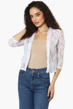 Impress Floral Lace 3/4 Sleeve Wrap Cardigan - White