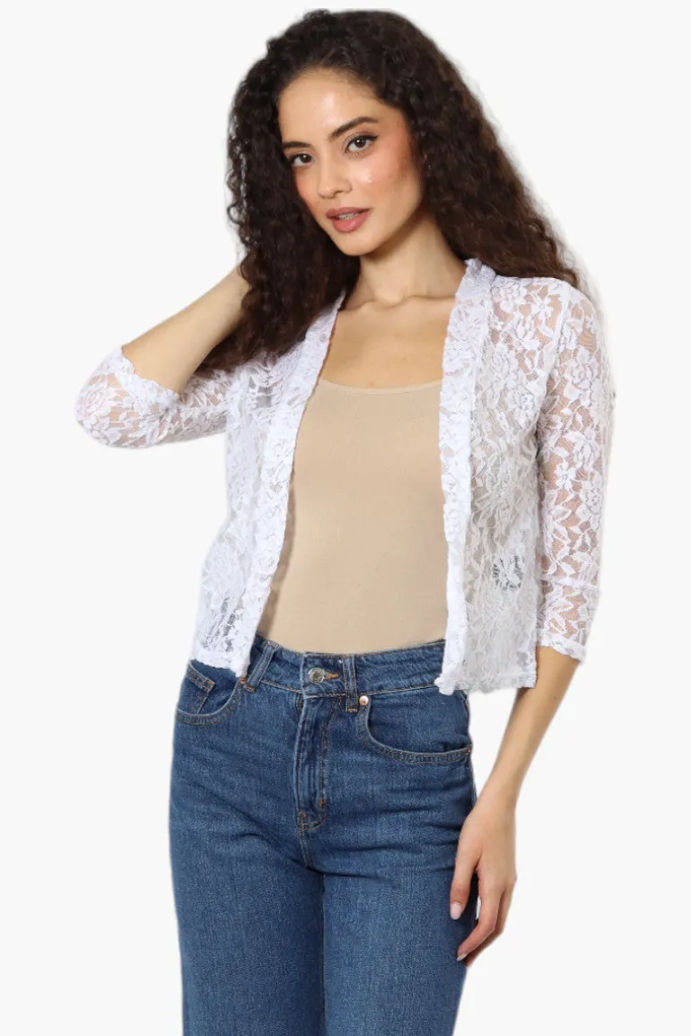 Impress Floral Lace 3/4 Sleeve Wrap Cardigan - White