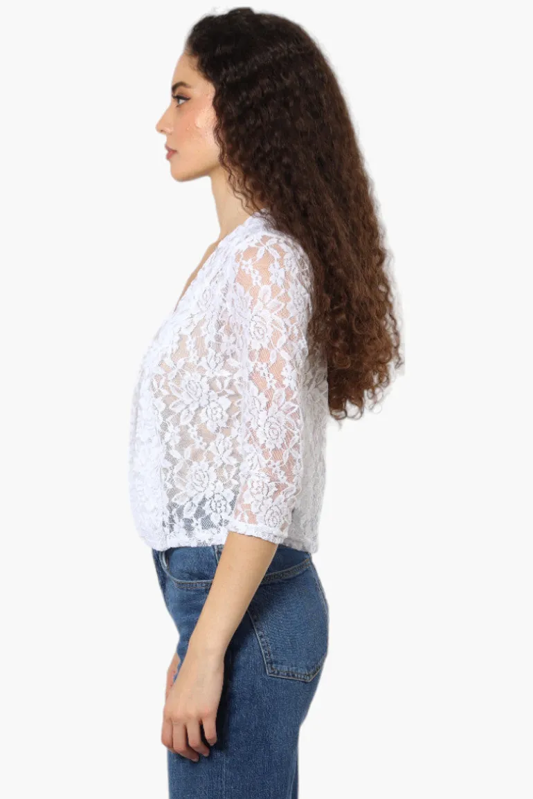 Impress Floral Lace 3/4 Sleeve Wrap Cardigan - White