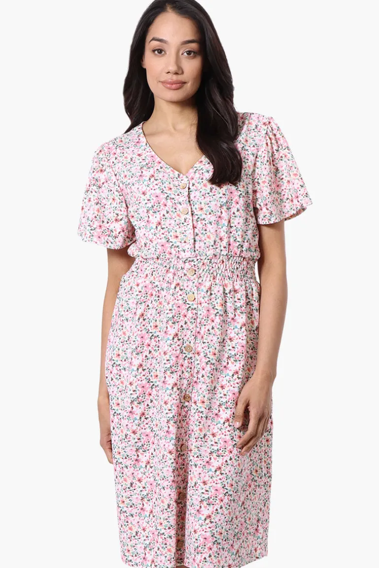 Impress Floral Short Sleeve Button Down Day Dress - Pink