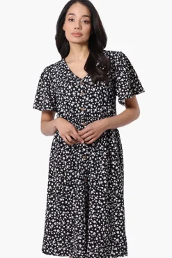 Impress Floral Short Sleeve Button Down Day Dress - Black