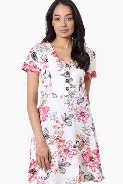 Impress Floral Short Sleeve Button Down Day Dress - White