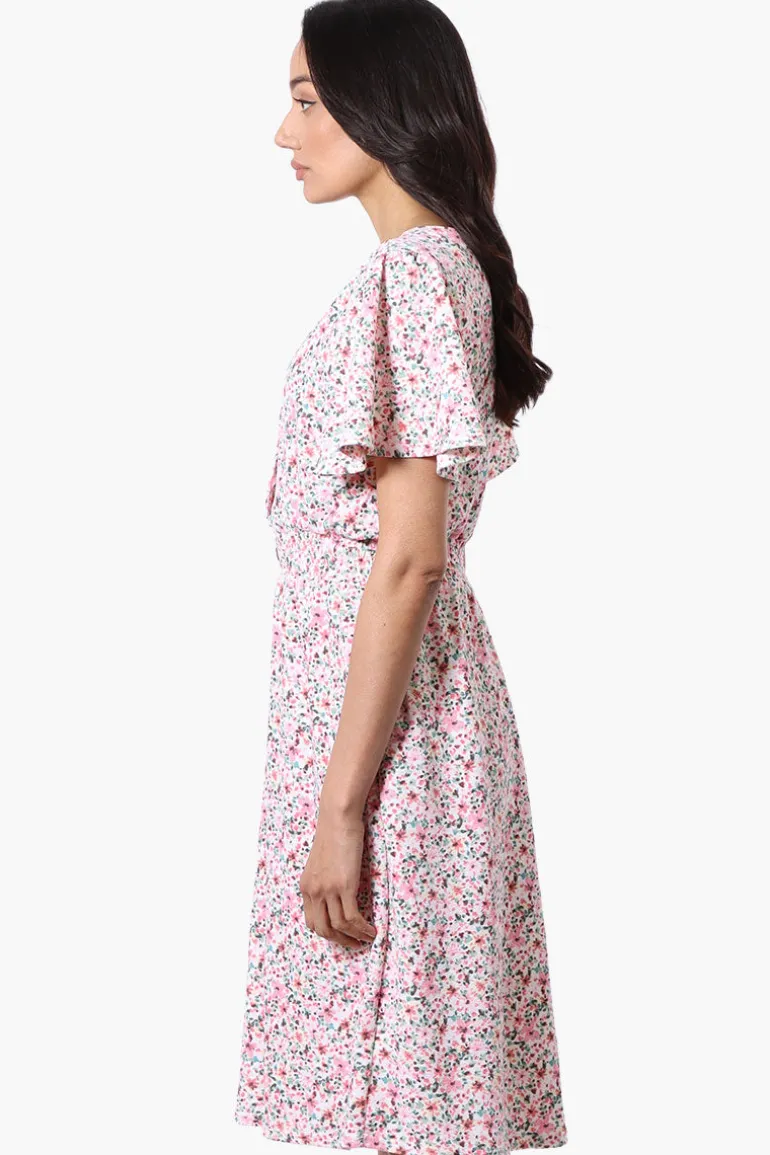 Impress Floral Short Sleeve Button Down Day Dress - Pink