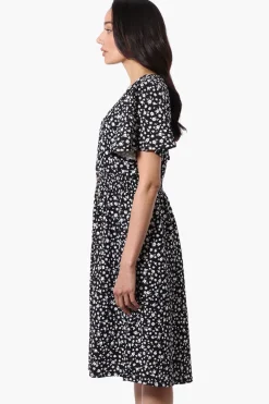 Impress Floral Short Sleeve Button Down Day Dress - Black