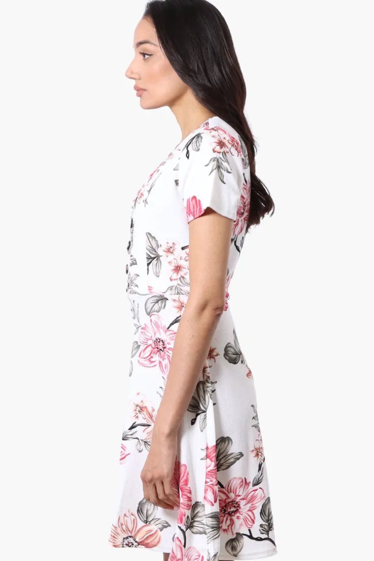 Impress Floral Short Sleeve Button Down Day Dress - White