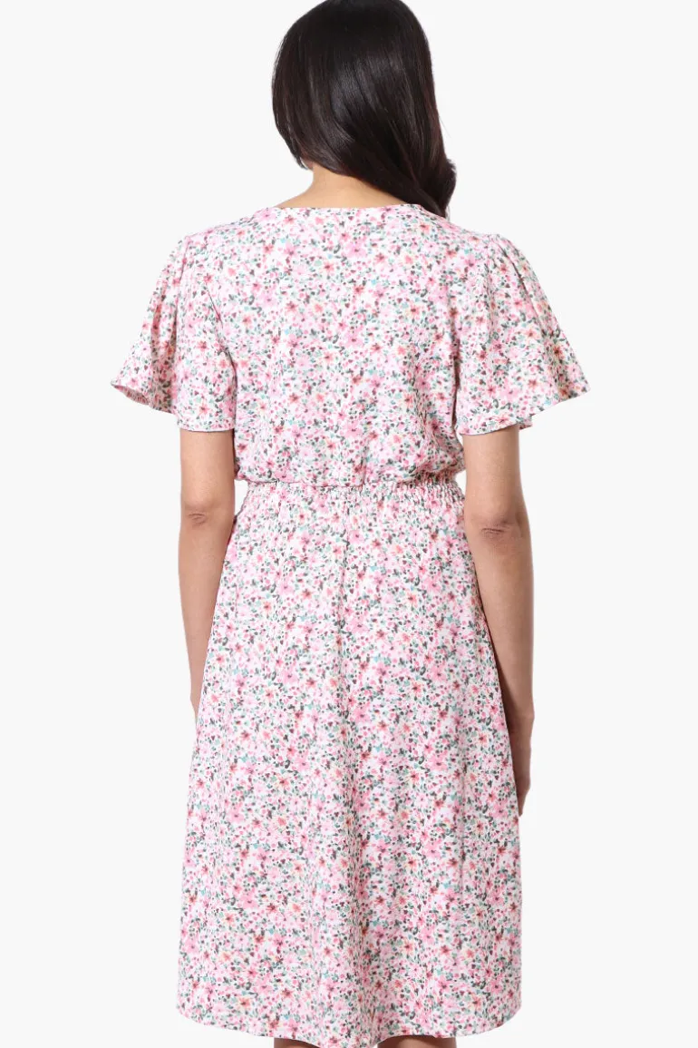 Impress Floral Short Sleeve Button Down Day Dress - Pink