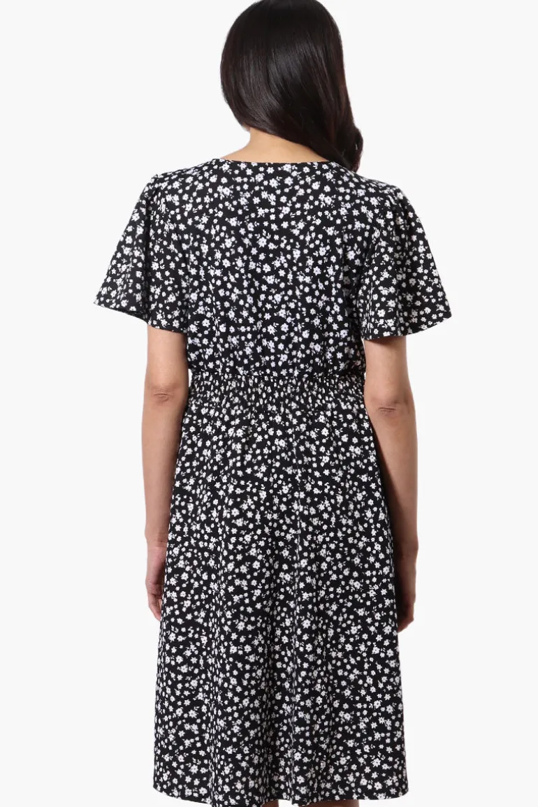 Impress Floral Short Sleeve Button Down Day Dress - Black