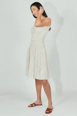 Impress Front Button Smocked Tiered Day Dress - Cream