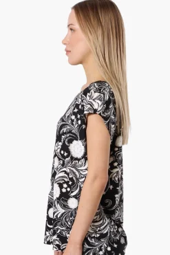 Impress Patterned Cap Sleeve Circle Neck Tee - Black