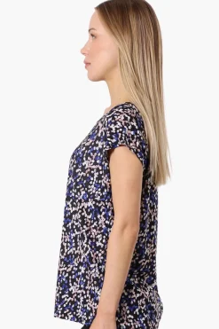 Impress Patterned Cap Sleeve Circle Neck Tee - Navy