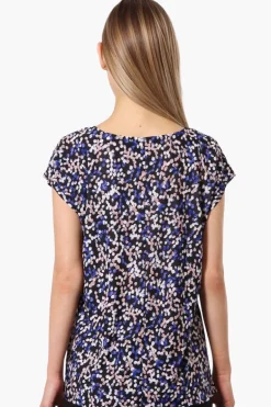 Impress Patterned Cap Sleeve Circle Neck Tee - Navy