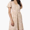 Impress Patterned Short Sleeve Day Dress - Beige
