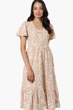 Impress Patterned Short Sleeve Day Dress - Beige