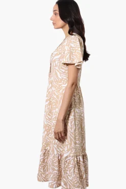 Impress Patterned Short Sleeve Day Dress - Beige